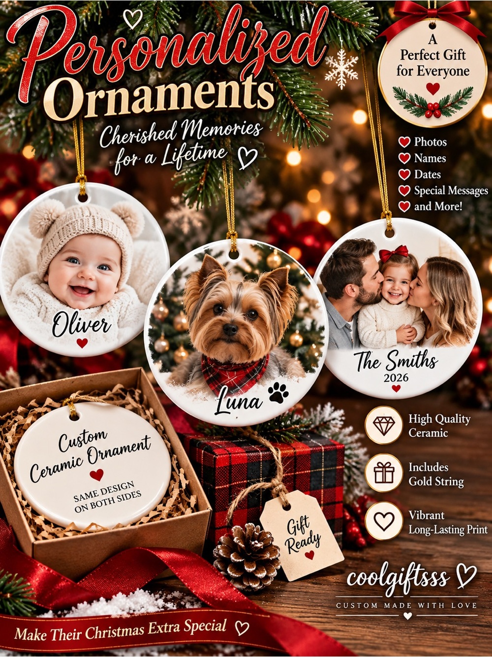 Personalized White Ceramic Holiday Ornament - Custom Milestone Keepsakes